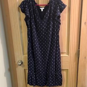 Time and Tru Navy Printed V-Neck Midi Dress with Ruffle Sleeves